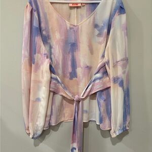 EVRI Pastel Watercolor Tie-Front Blouse in Pink‎ & Lilac Sz 1X Artsy